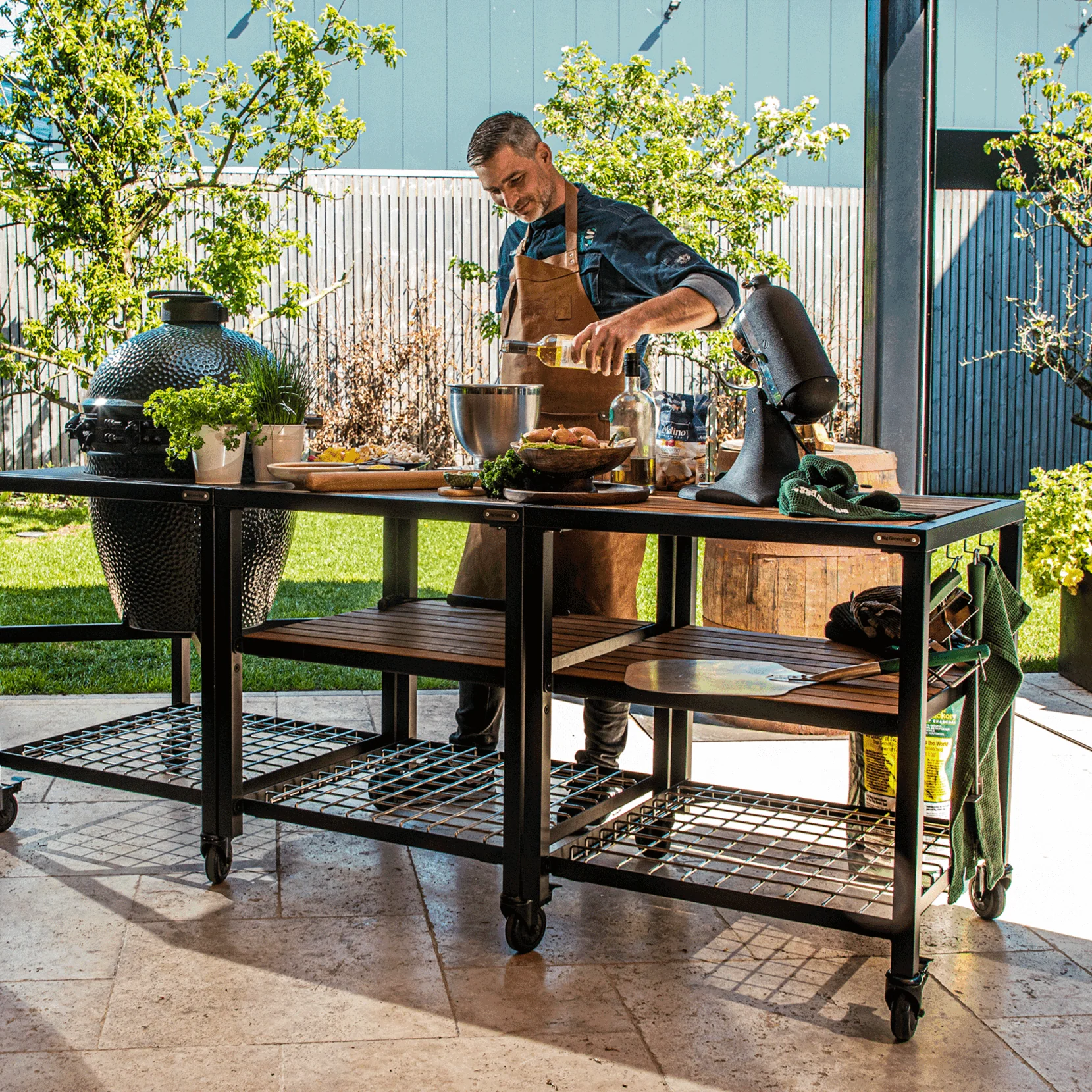 Large Big Green Egg in Modular Nest with Expansion and 3 Acacia Inserts Package - Image 5